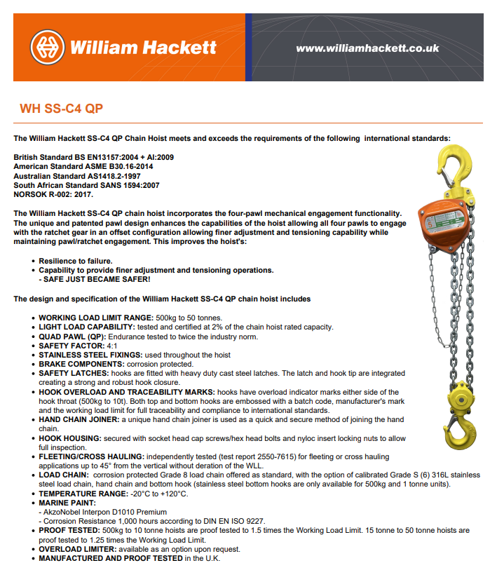 William Hackett WH SS-C4 QP Chain Hoist