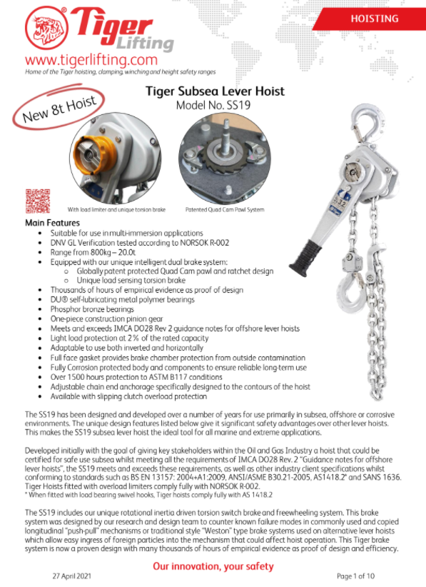 Tiger Lifting SS19 Subsea Lever Hoist